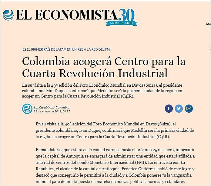 Colombia acoger Centro para la Cuarta Revolucin Industrial